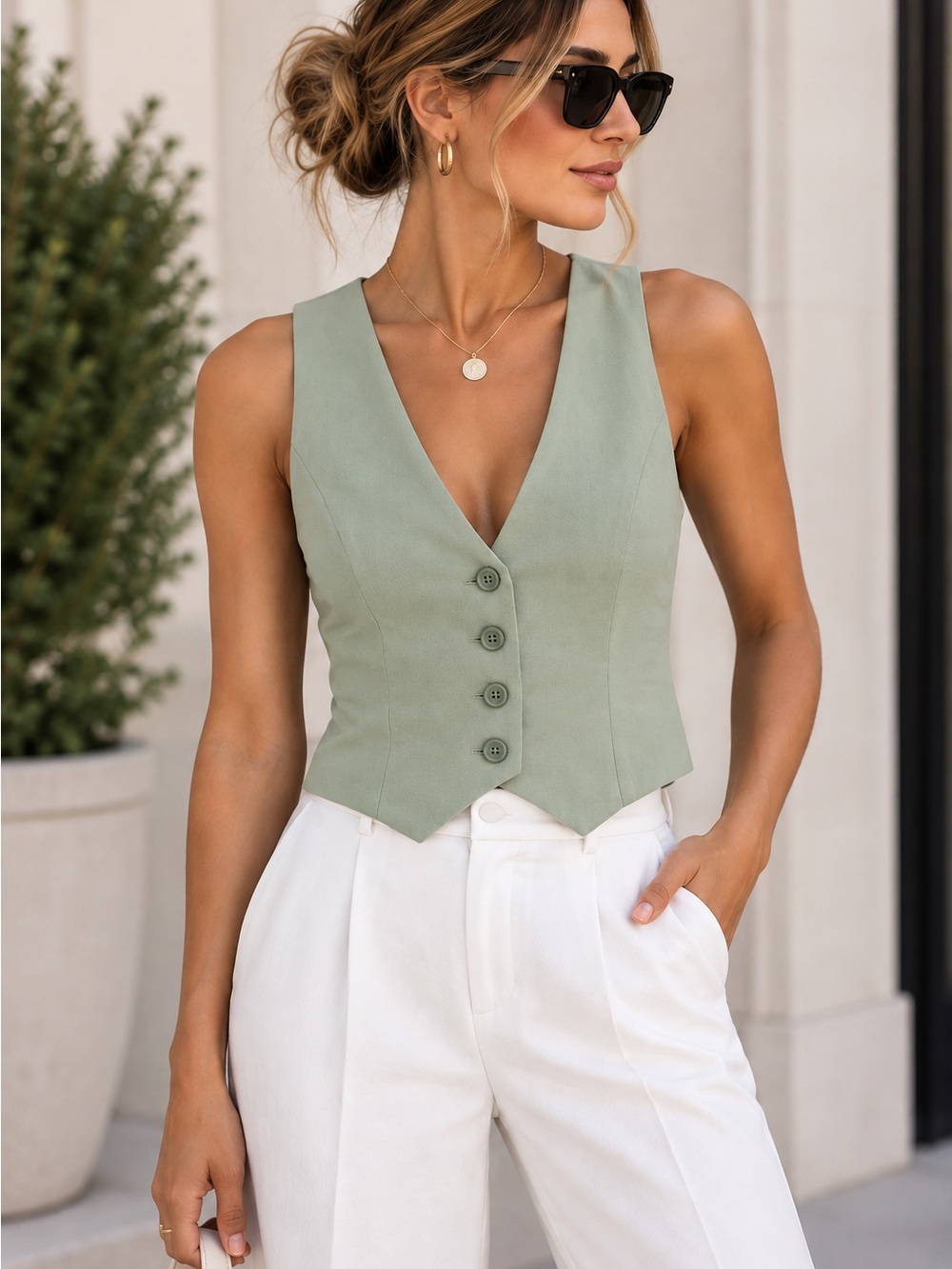 Abercrombie & Fitch Sage Green Tailored Button Front Vest Top Size Small